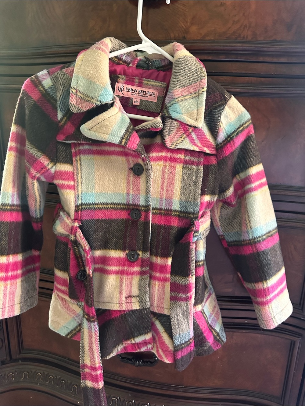 Urban Republic Girls Plaid Peacoat in Pink, Brown & Cream